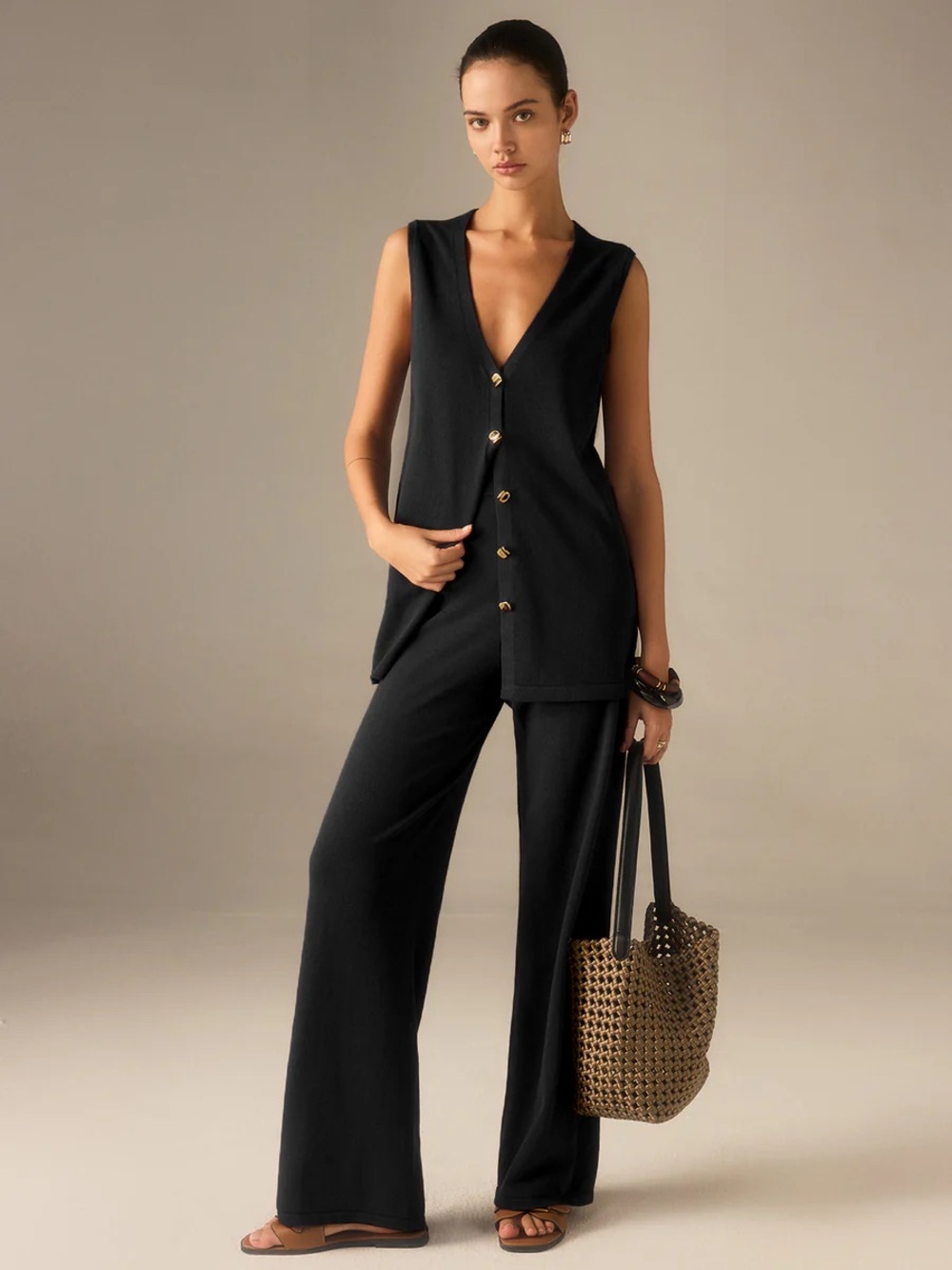 Commense Golden Button Knit Vest Pants Set
